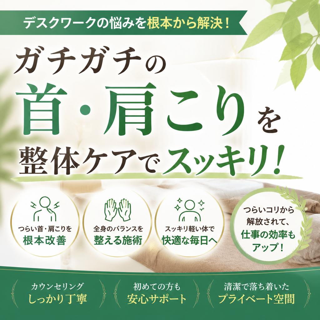 デスクワークの悩みを根本から解決！ガチガチの首・肩こりを整体ケアでスッキリ！