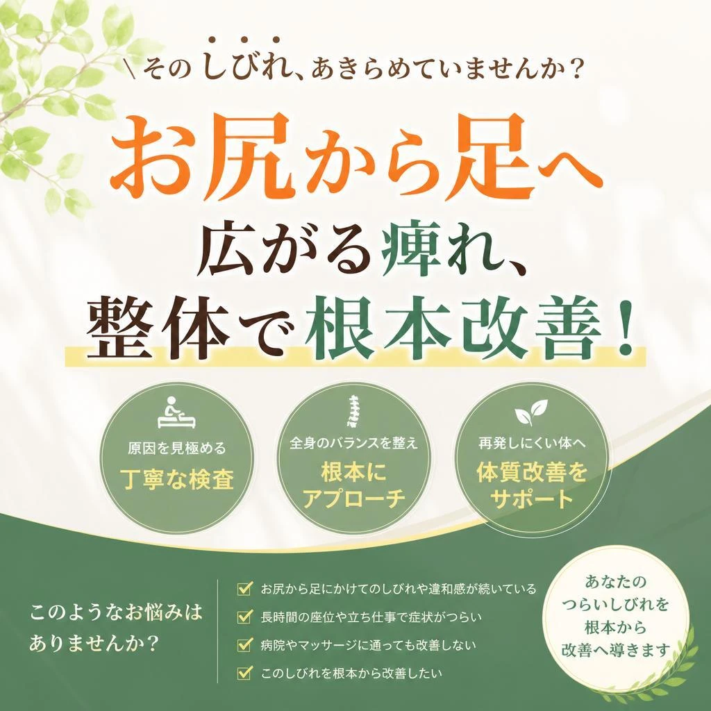 お尻から足へ広がる痺れ、整体で根本改善！