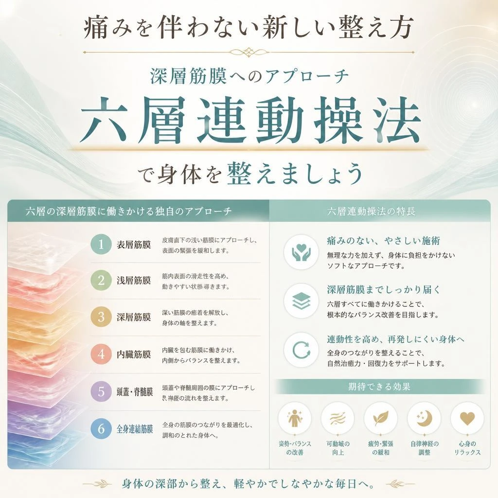 痛みを伴わない新しい整え方、深層筋膜へのアプローチ「六層連動操法」で身体を整えましょう。