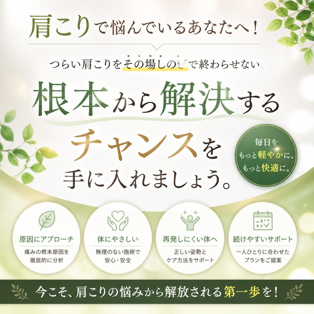 肩こりで悩んでいるあなたへ！根本から解決するチャンスを手に入れましょう。