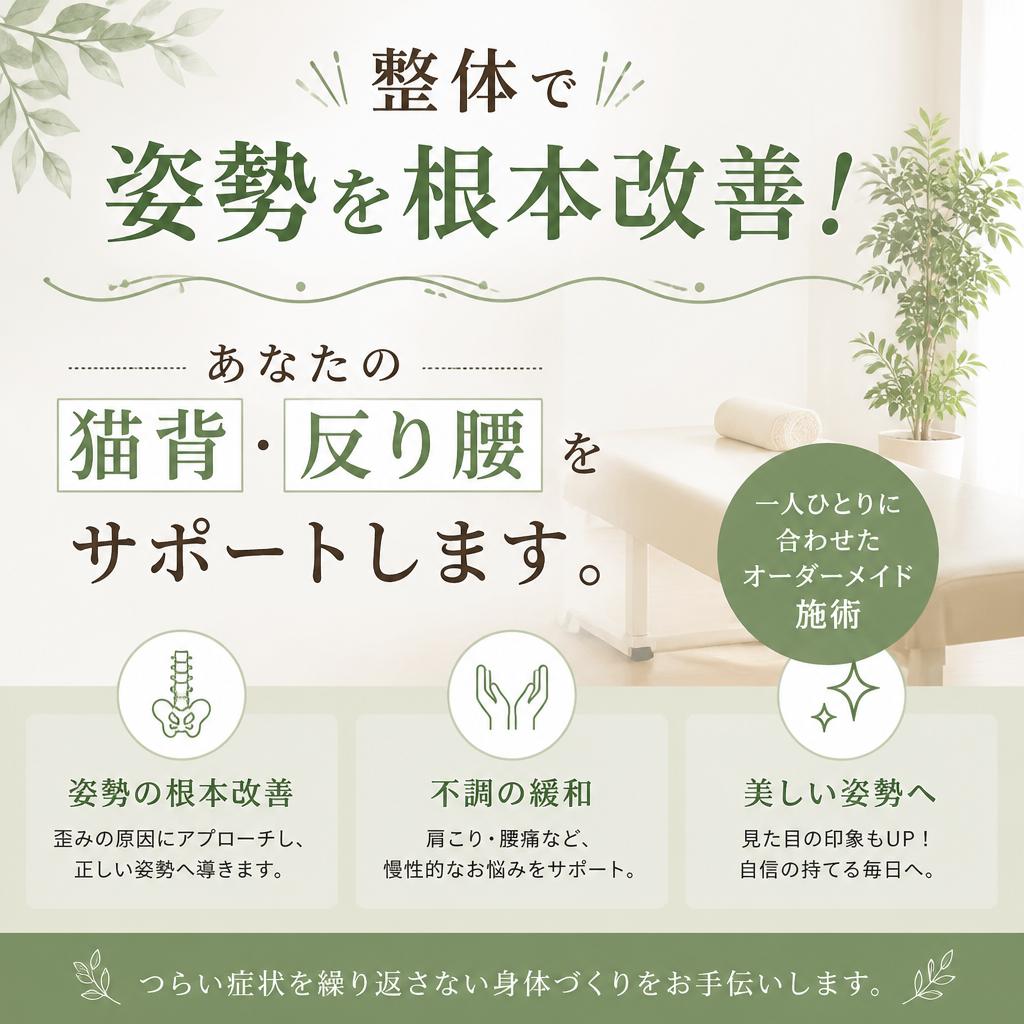 整体で姿勢を根本改善！あなたの猫背・反り腰をサポートします。