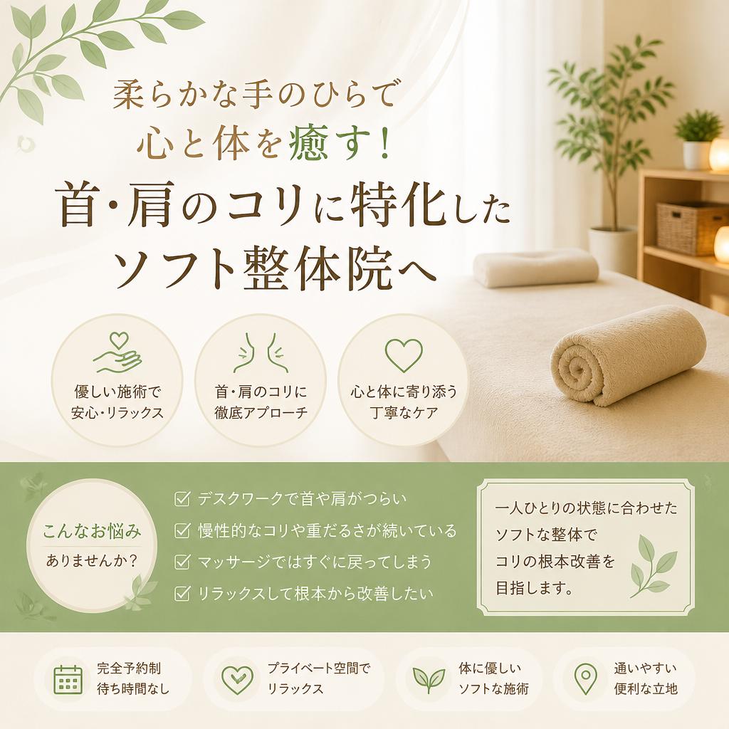 柔らかな手のひらで心と体を癒す！首・肩のコリに特化したソフト整体院へ