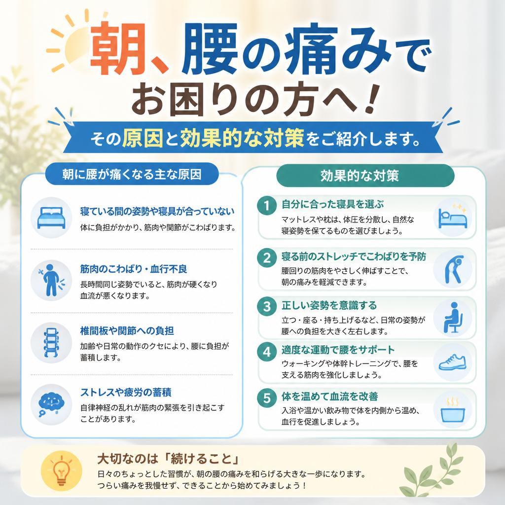 朝、腰の痛みでお困りの方へ！その原因と効果的な対策をご紹介します。