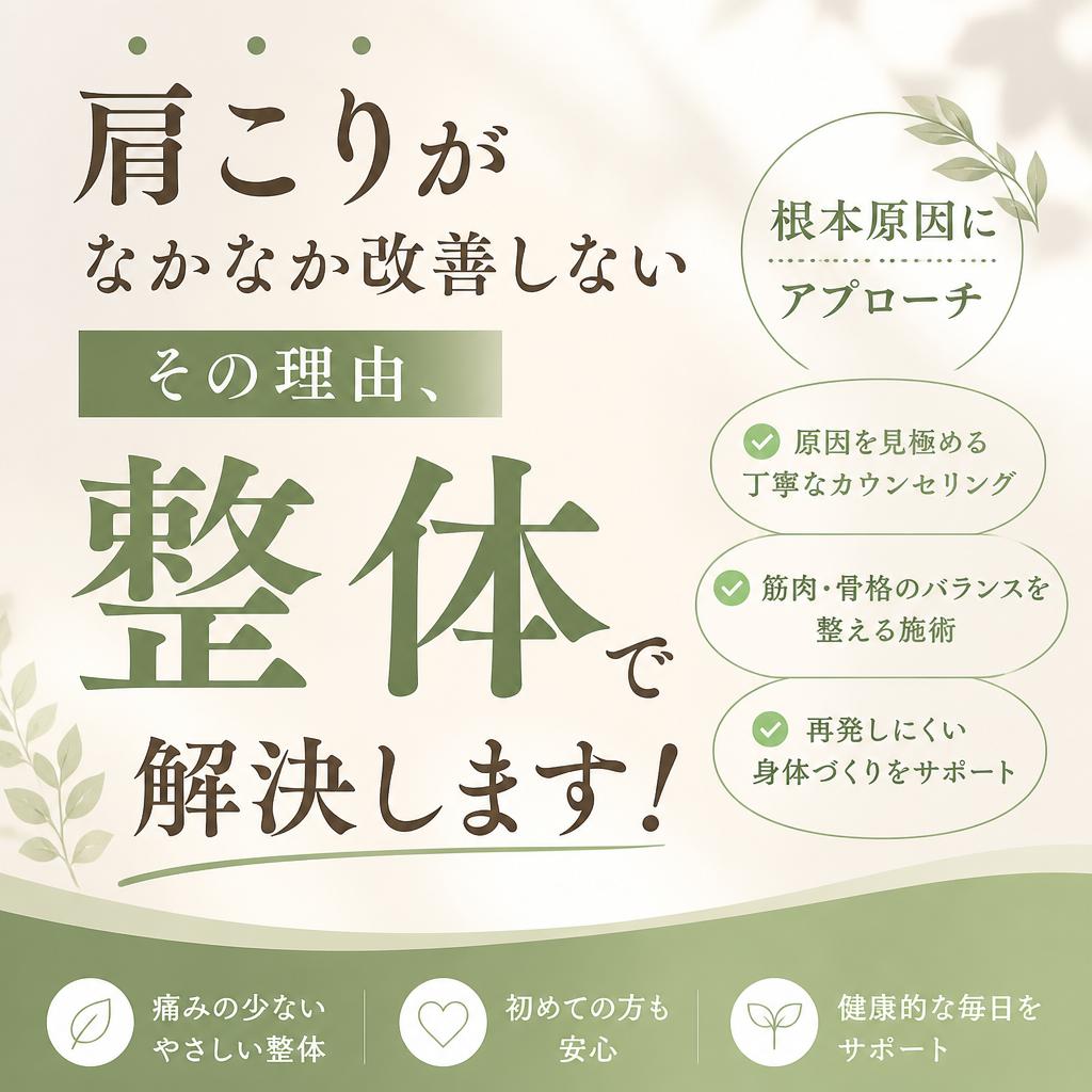 肩こりがなかなか改善しないその理由、整体で解決します！
