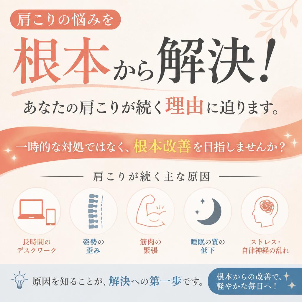 肩こりの悩みを根本から解決！あなたの肩こりが続く理由に迫ります。