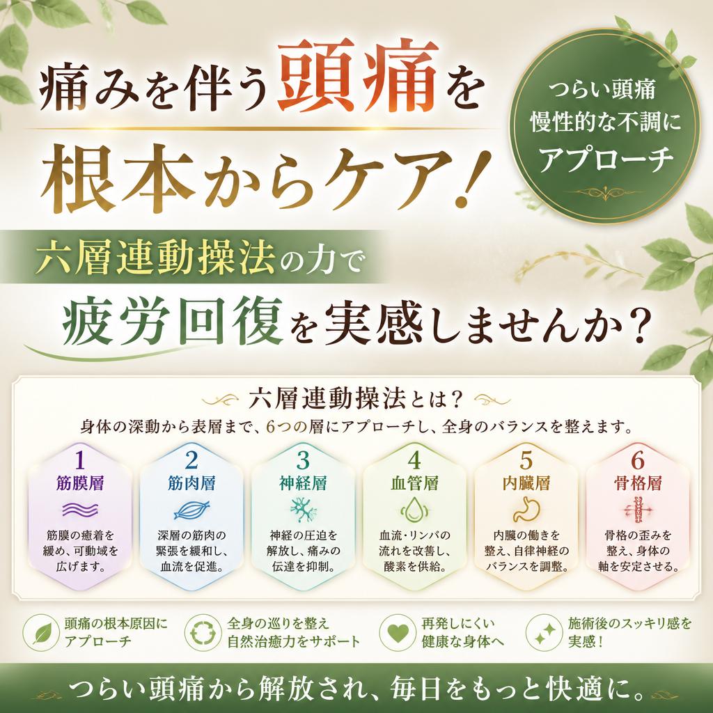 痛みを伴う頭痛を根本からケア！六層連動操法の力で疲労回復を実感しませんか？
