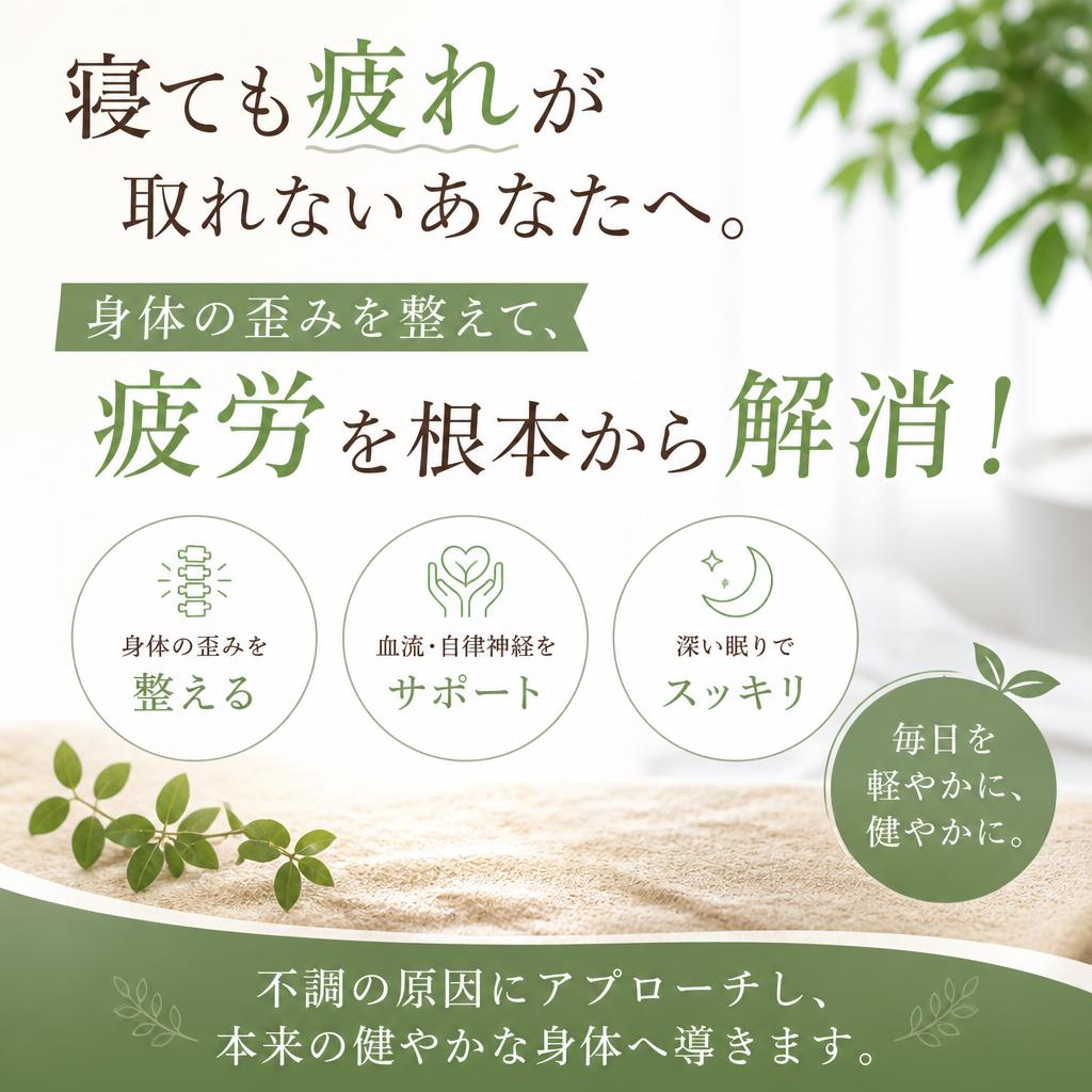 寝ても疲れが取れないあなたへ。身体の歪みを整えて、疲労を根本から解消！