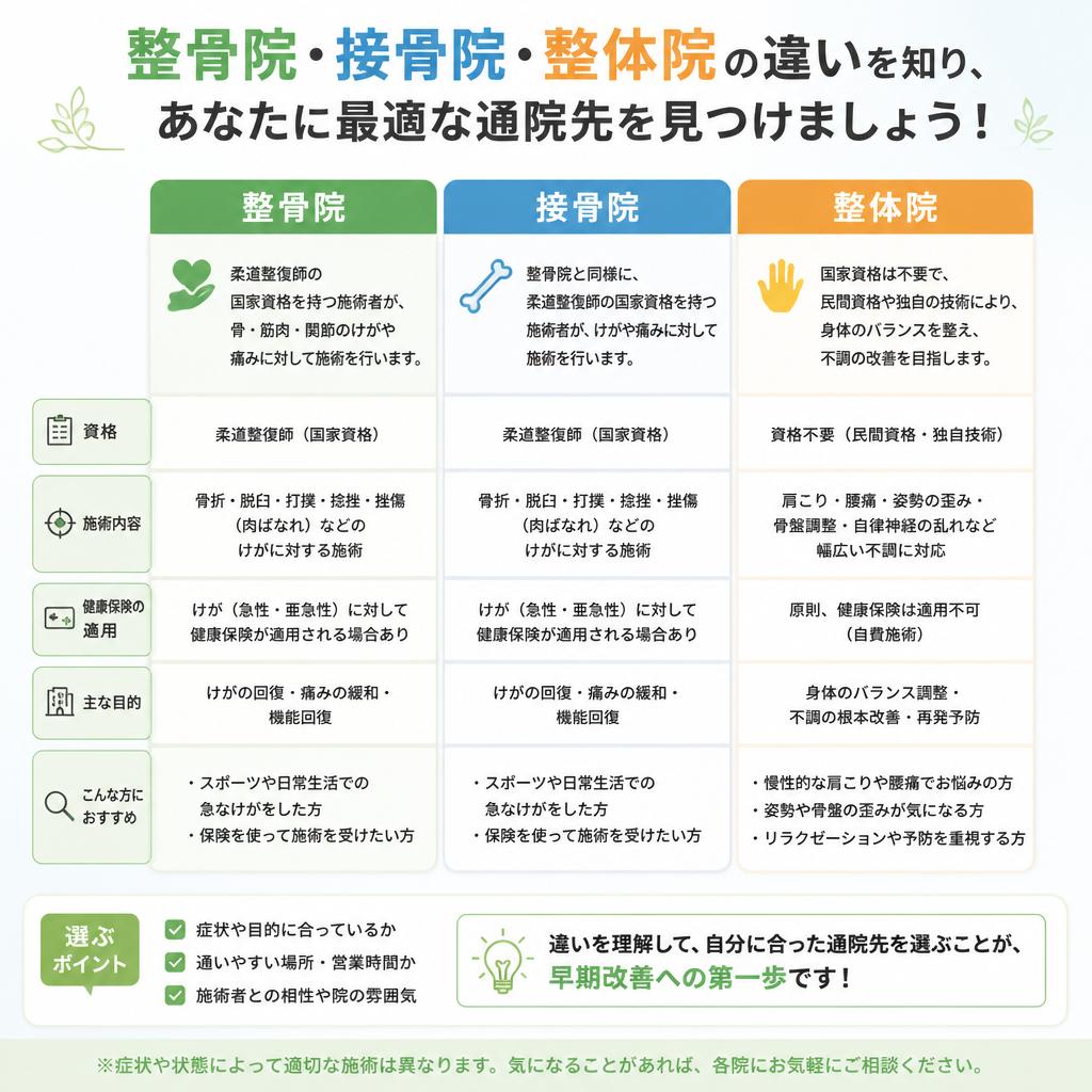 整骨院・接骨院・整体院の違いを知り、あなたに最適な通院先を見つけましょう！