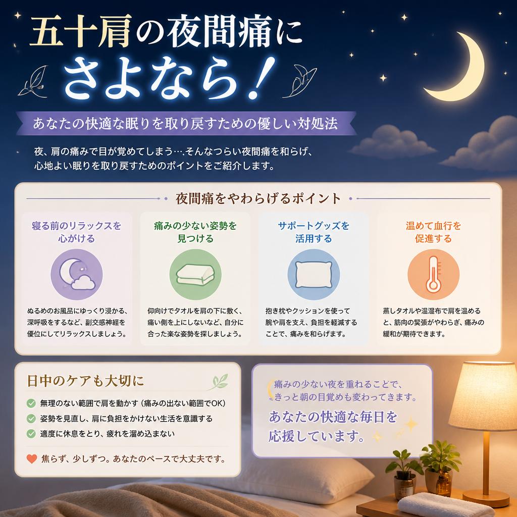 五十肩の夜間痛にさよなら！あなたの快適な眠りを取り戻すための優しい対処法