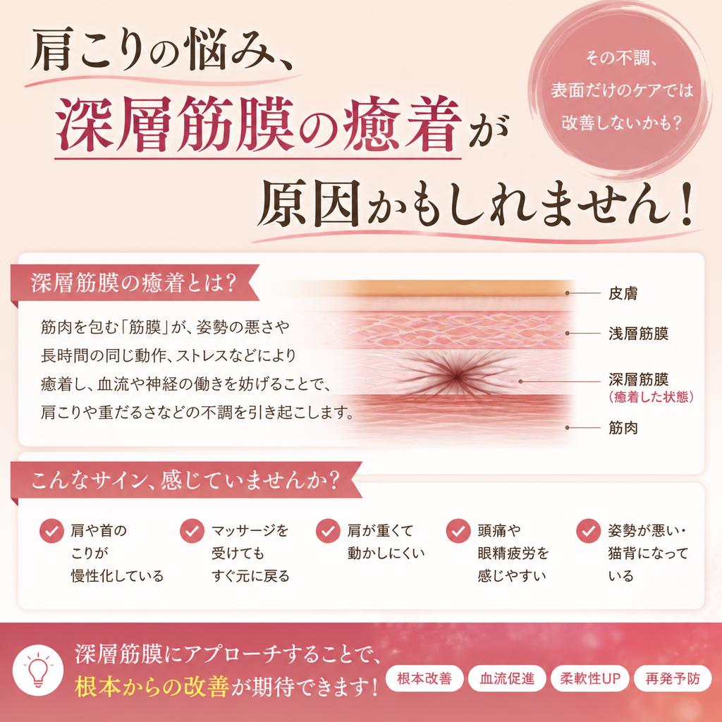 肩こりの悩み、深層筋膜の癒着が原因かもしれません！