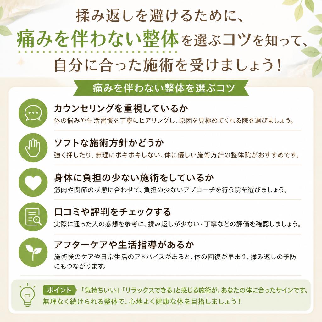 揉み返しを避けるために、痛みを伴わない整体を選ぶコツを知って、自分に合った施術を受けましょう！