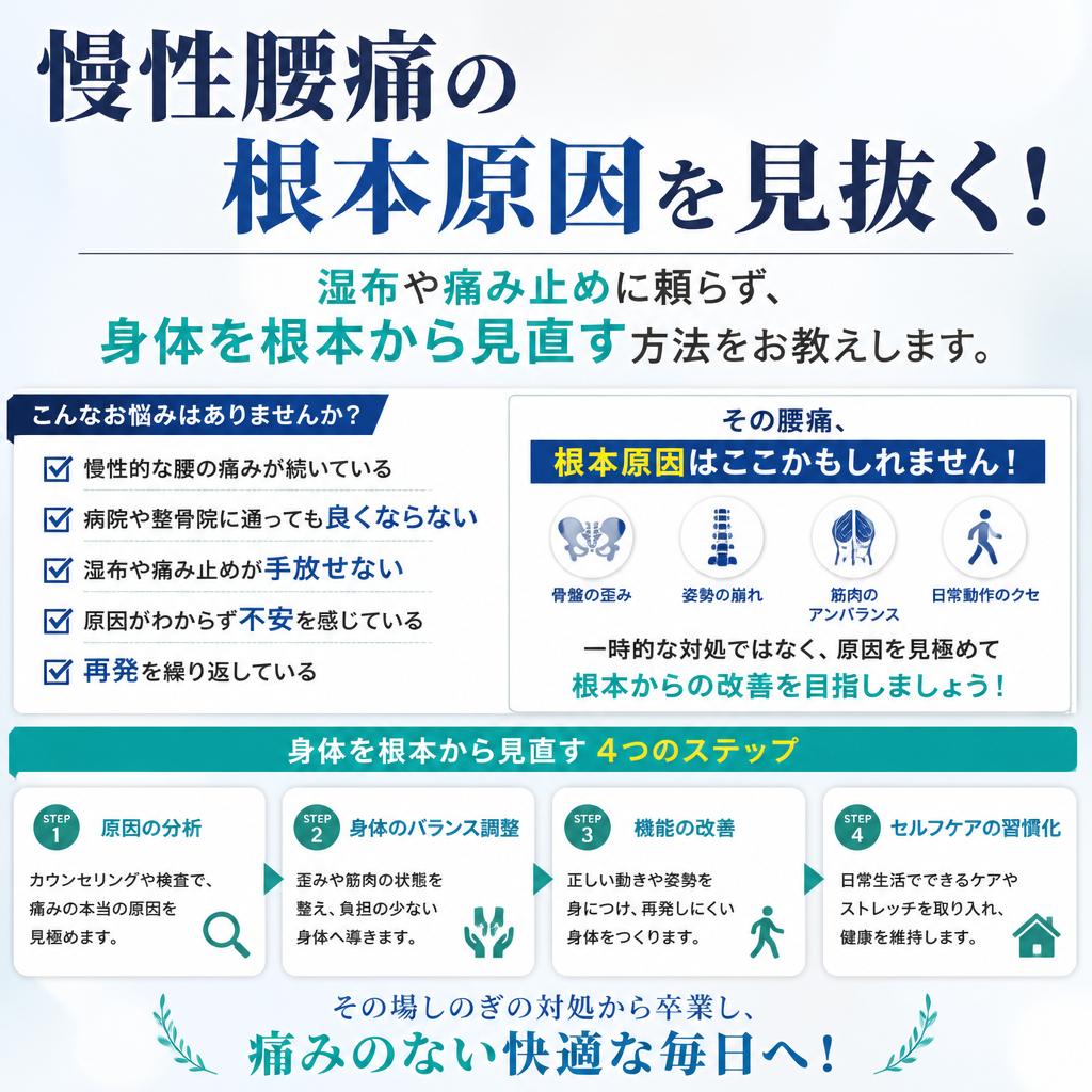 慢性腰痛の根本原因を見抜く！湿布や痛み止めに頼らず、身体を根本から見直す方法をお教えします。