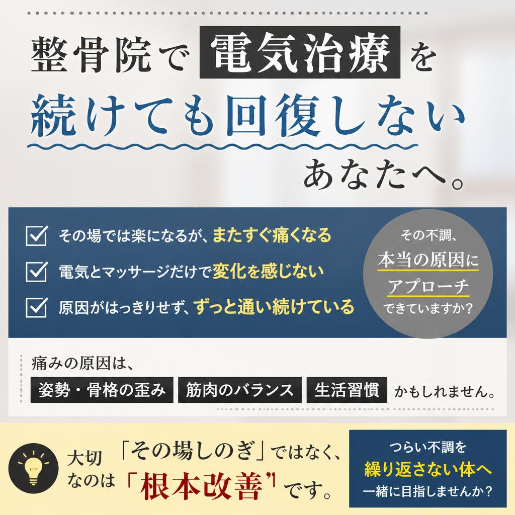 整骨院で電気治療を続けても回復しないあなたへ。