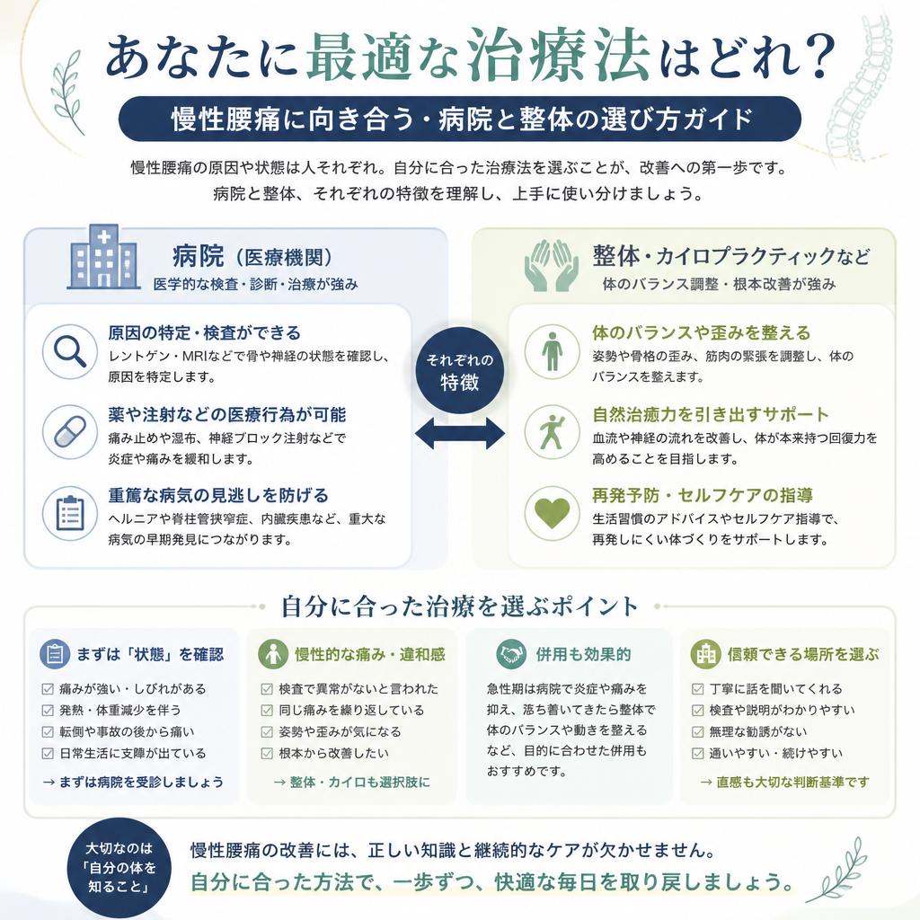 あなたに最適な治療法はどれ？慢性腰痛に向き合う・病院と整体の選び方ガイド