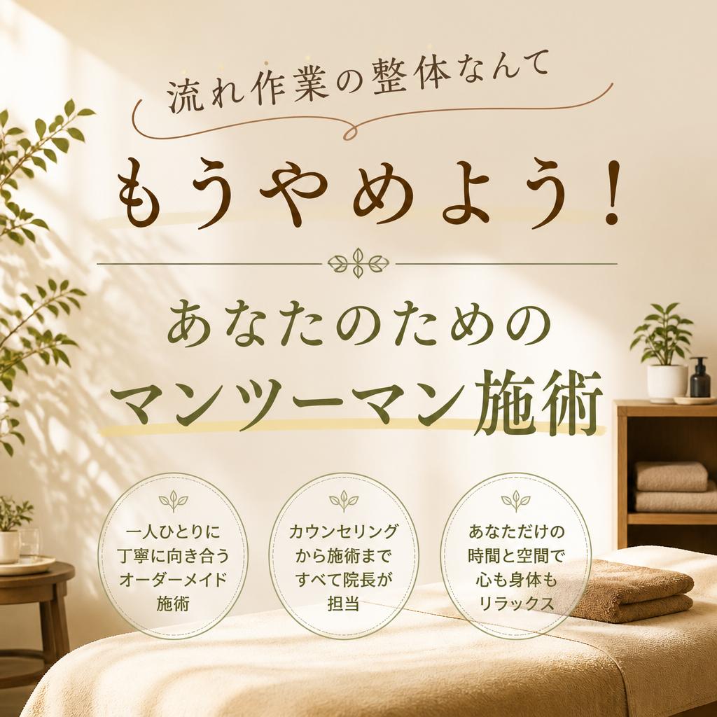 流れ作業の整体なんてもうやめよう！あなたのためのマンツーマン施術