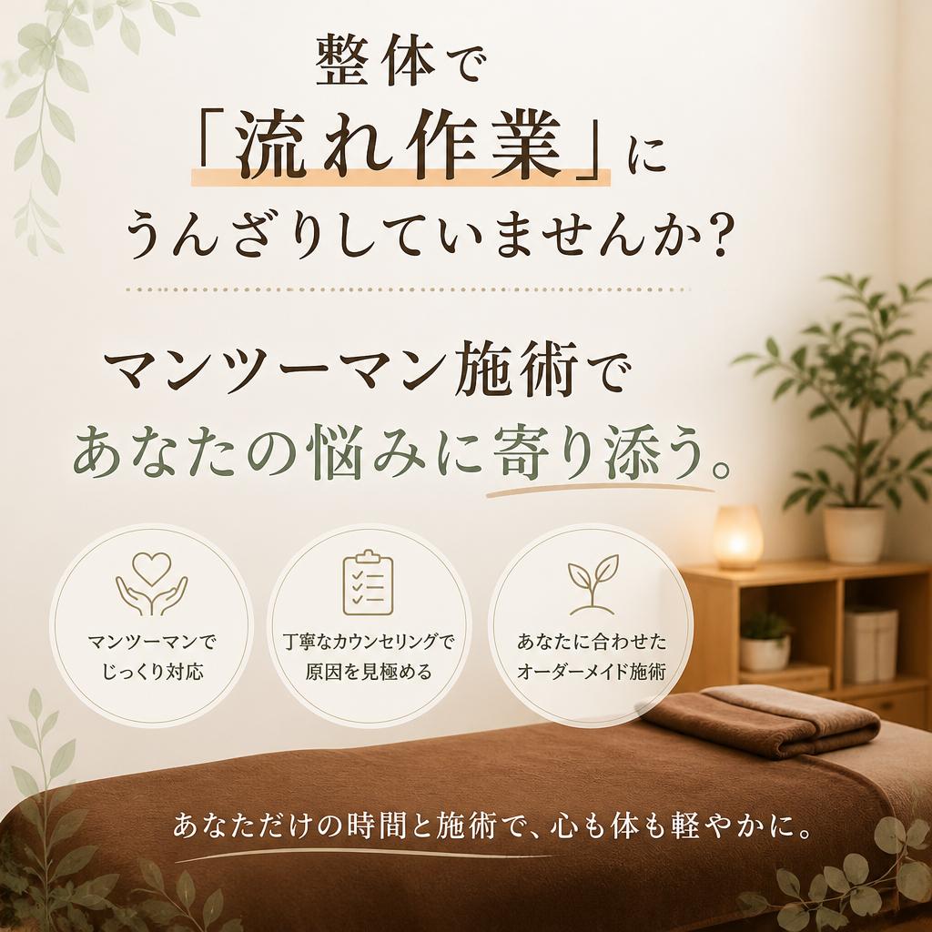 整体で「流れ作業」にうんざりしていませんか？マンツーマン施術であなたの悩みに寄り添う。