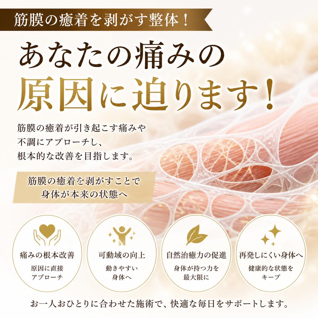 筋膜の癒着を剥がす整体！あなたの痛みの原因に迫ります！