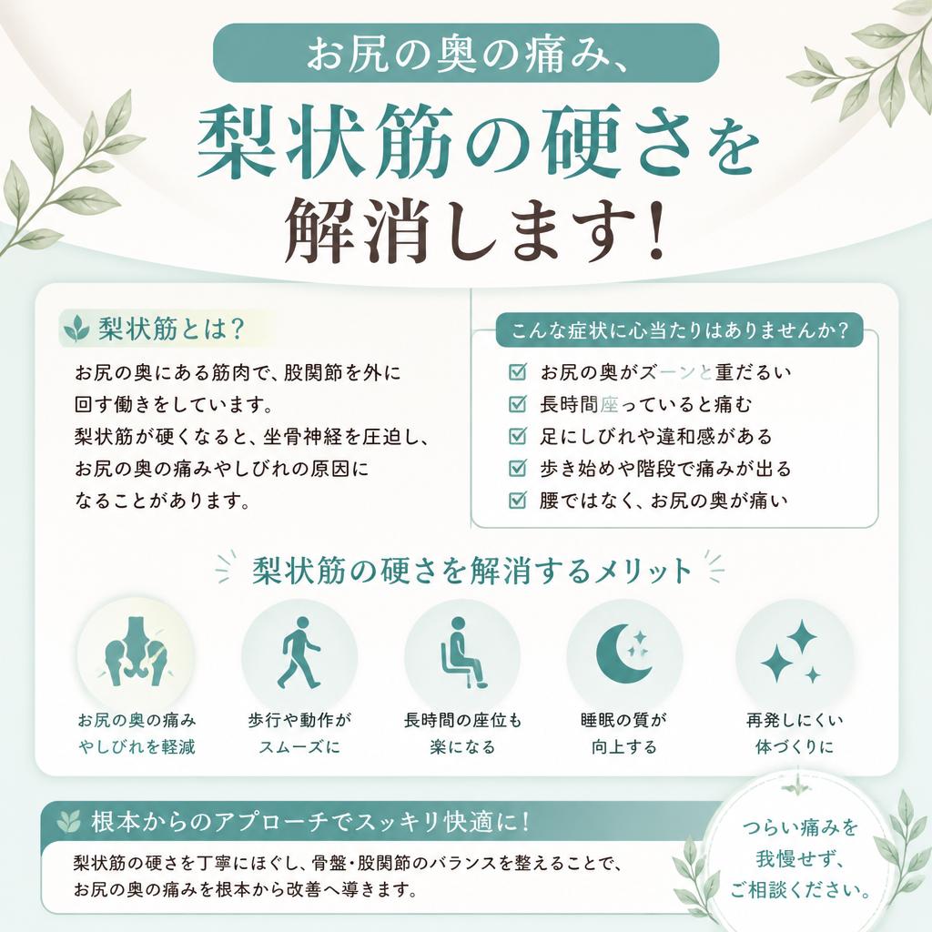 お尻の奥の痛み、梨状筋の硬さを解消します！