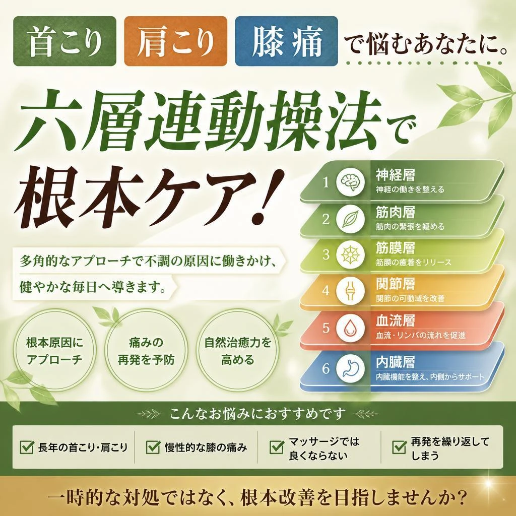 首こり・肩こり・膝痛で悩むあなたに。六層連動操法で根本ケア！