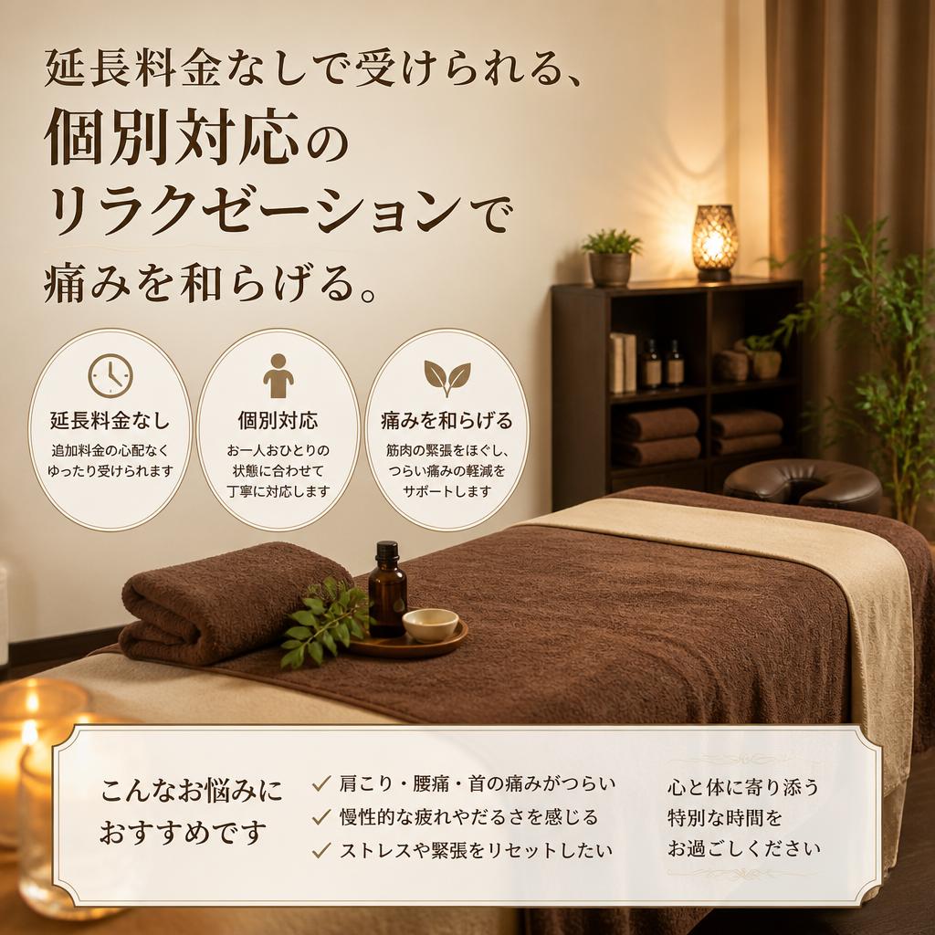 延長料金なしで受けられる、個別対応のリラクゼーションで痛みを和らげる。
